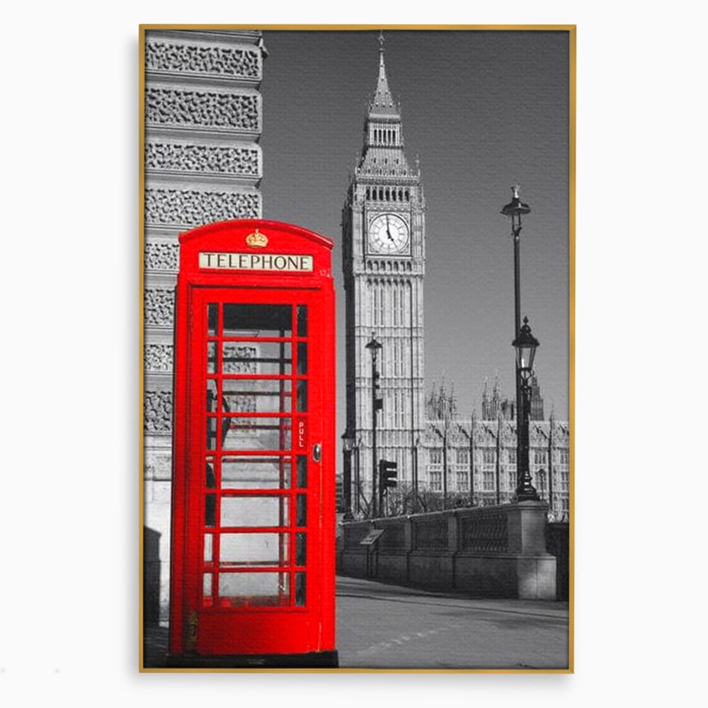 Tablou canvas cu tablou canvas cu cabina rosie si big ben, in rama de aluminiu auriu